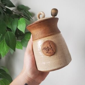 Handcrafted Ceramic Pottery Honey Pot Jar with Lid - Brown and Cream